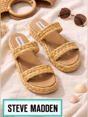 🆕 Steve Madden Pearce|Pear05S1 Raffia Braided Platform Slide Sandals Natural Sz8